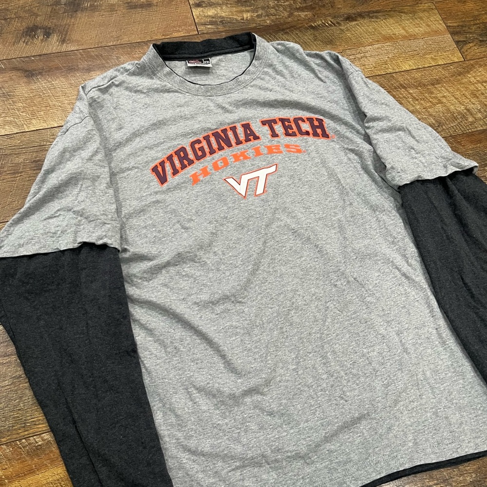 Vintage 90s Virginia Tech Hokies Layered Long Sleeve Graphic‎ Tee Shirt Grey XXL - Picture 2 of 4